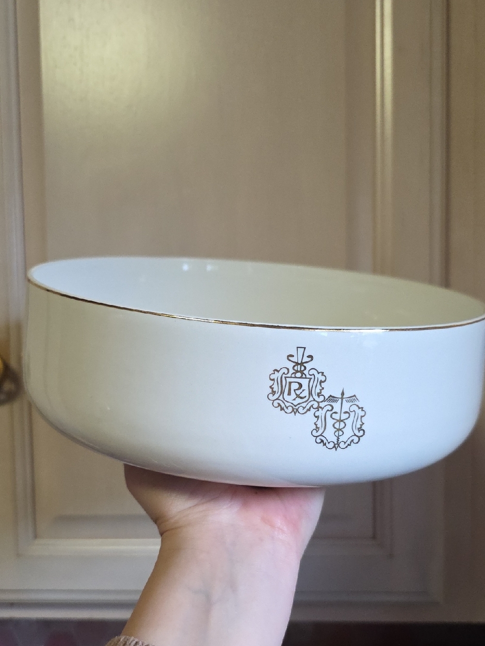 Royal Crest White Ceramic Serving Bowl with Gold Trim